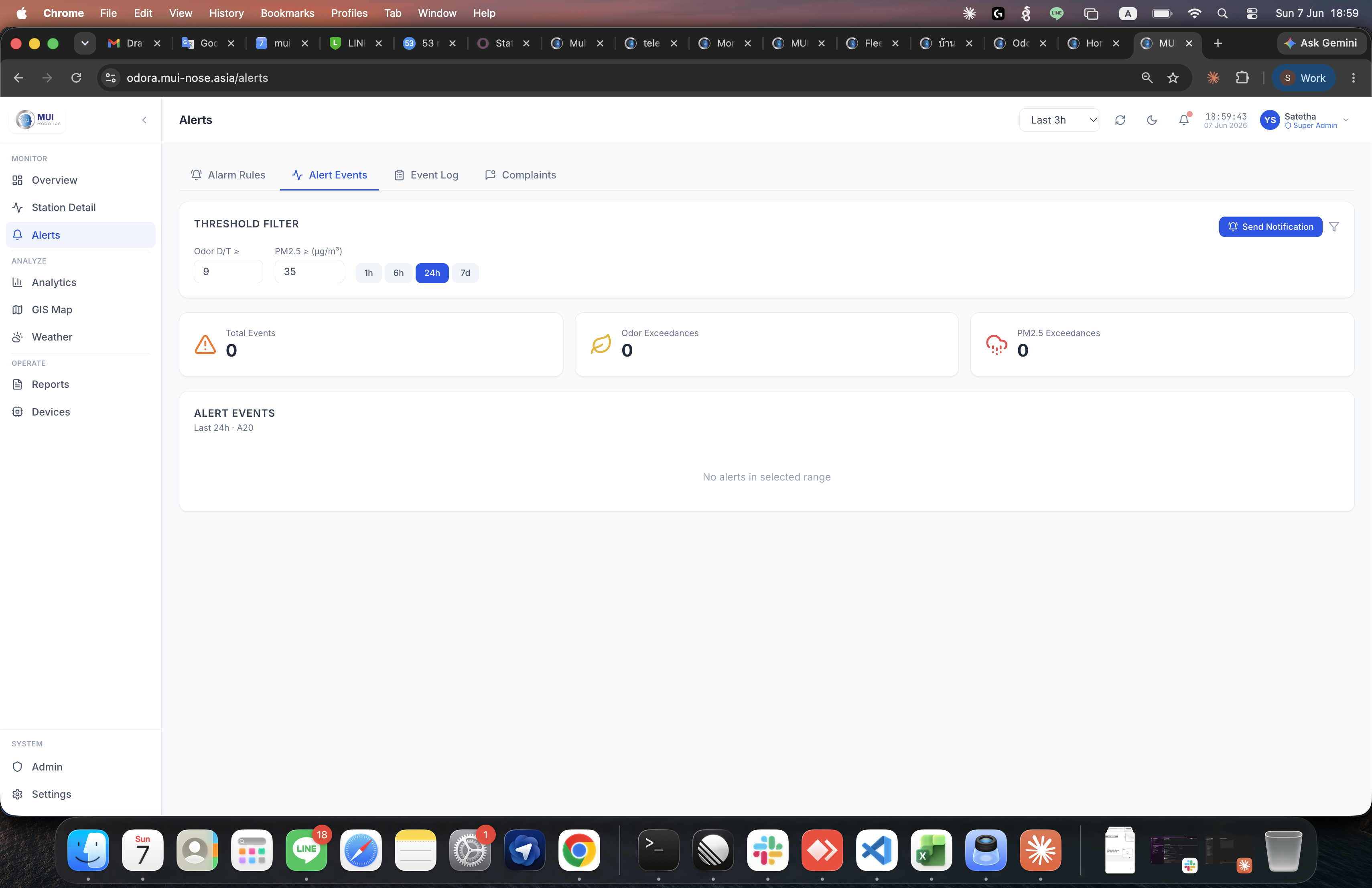 Alerts — alarm-rule builder, live exceedance events and the justification/event log.