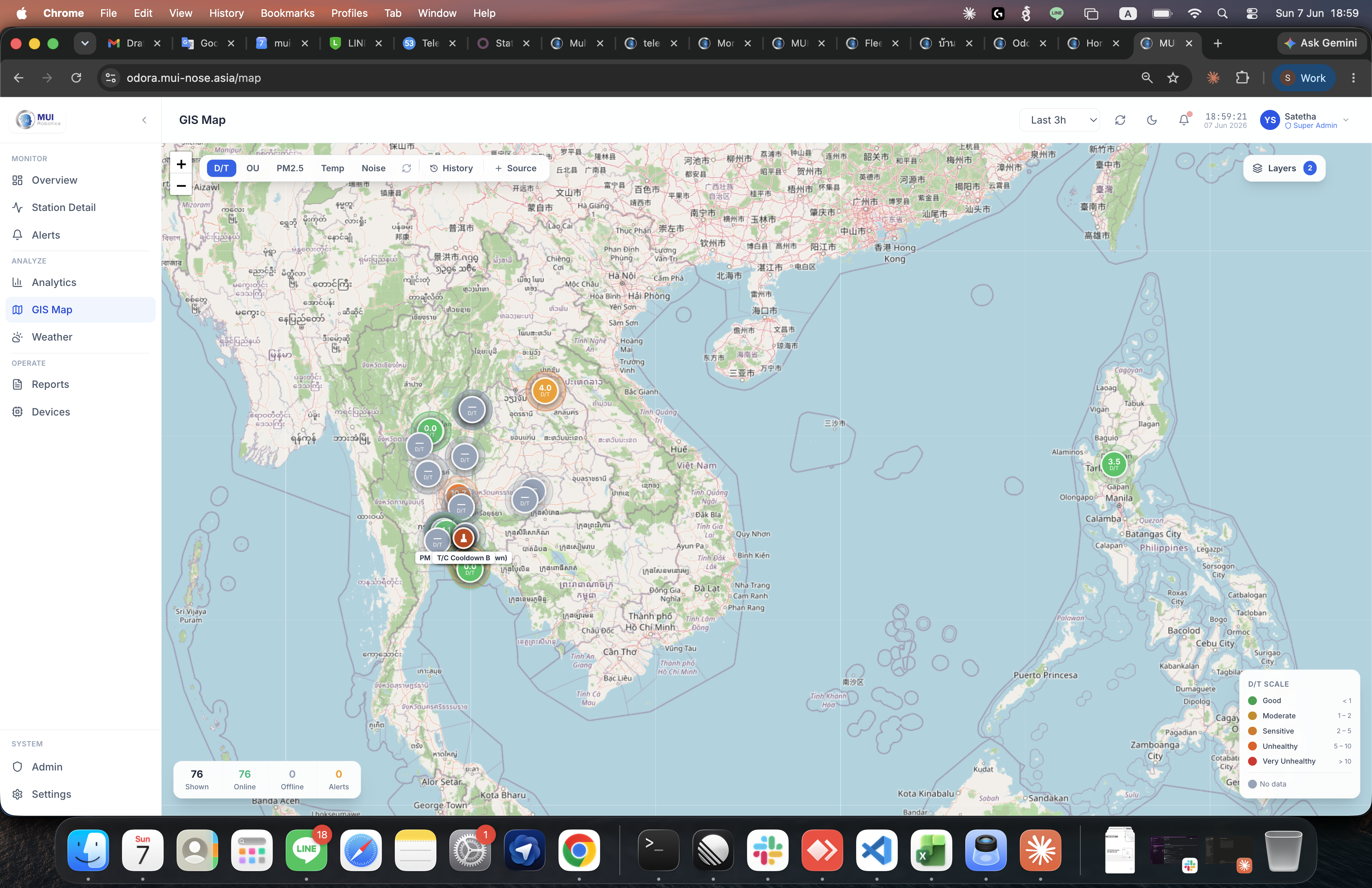 GIS Map — AQI-coloured stations across the fleet with a station detail slide-in.
