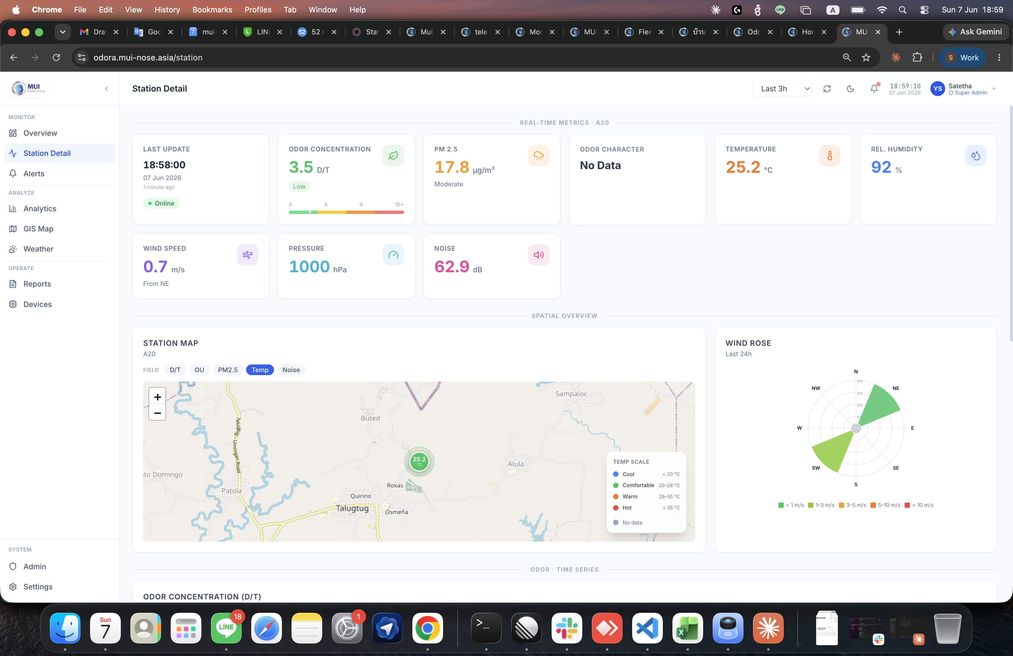 Station detail — single-station workspace with KPI cards, station map, wind rose and odor time-series.